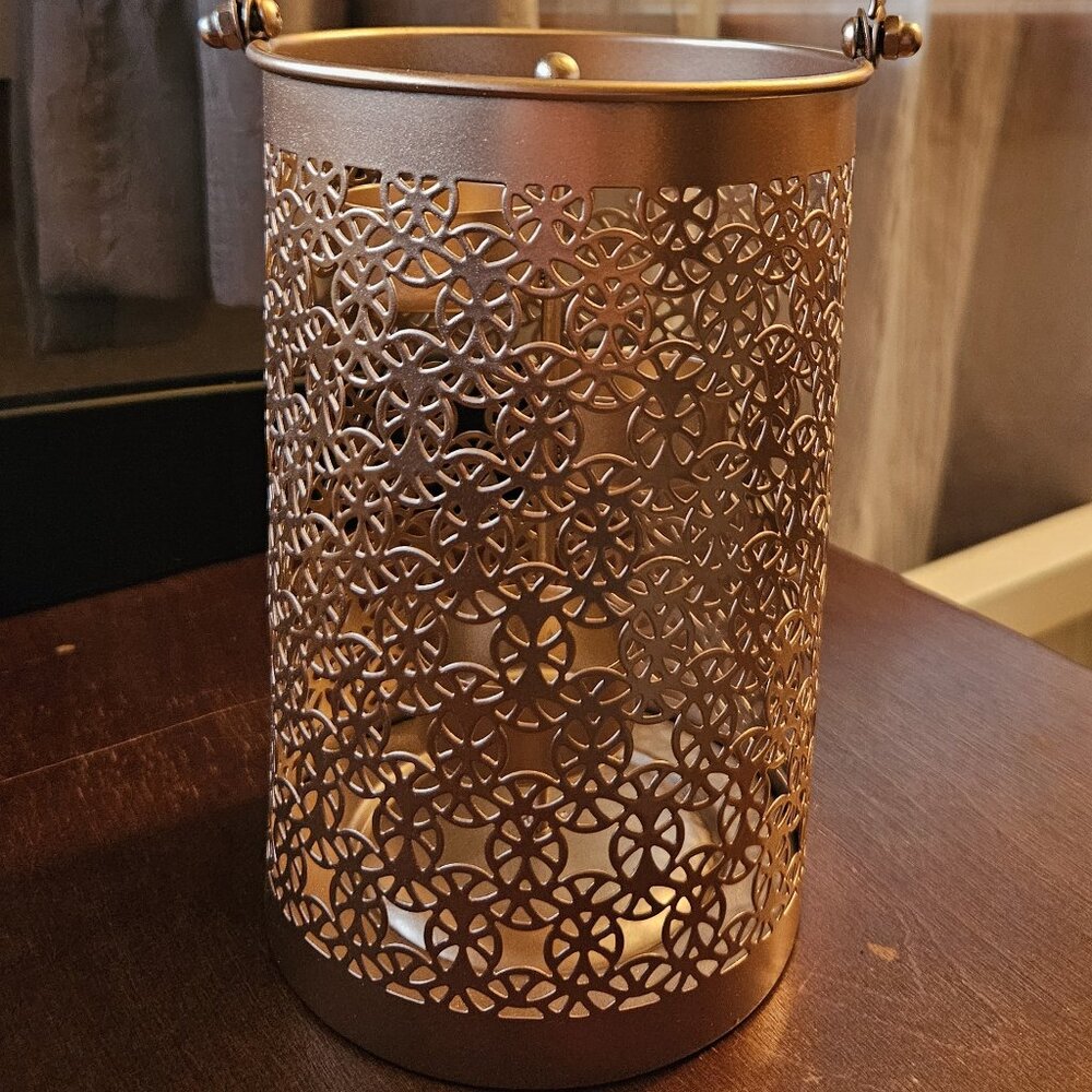 Metal Lantern Style 3-Tier Multi Tea Light Holder with Handle Rose Gold/Copper - Picture 2 of 5